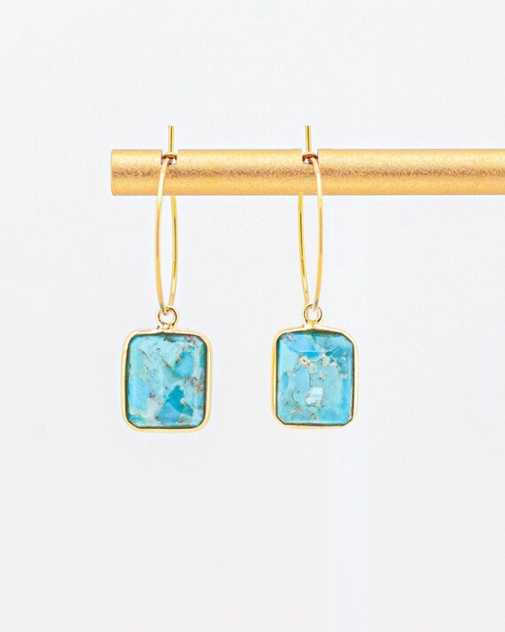Real Turquoise Little Gold Hoop Earrings: Minimalist Boho Chic Style Blue Gemstone Jewelry for Everyday Outfits