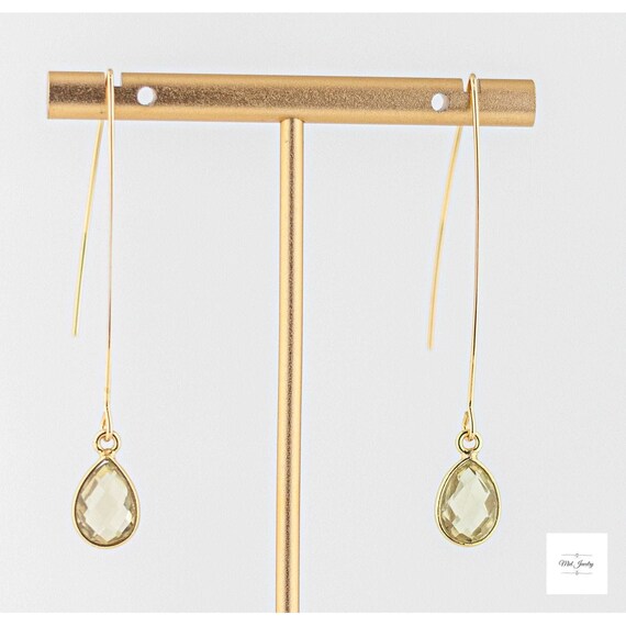 Lemon Quartz Drop Earrings: Minimalist Fishhook Style, Long Dainty Light Yellow and Gold Jewelry