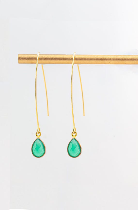 Green Onyx Drop Earrings: Minimalist Gold Fishhook Style, Dainty Everyday Gemstone Jewelry