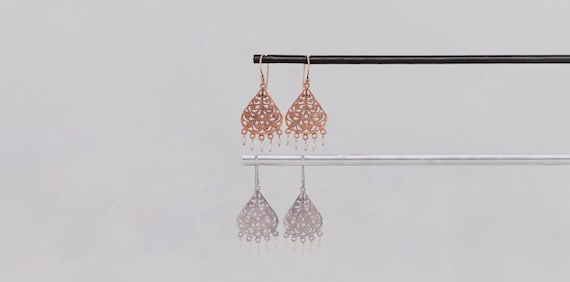 Petit Baroque Pearl Filigree Earrings: Vintage Style Chandelier Dangles in Rosy Bronze Copper & Rhodium Silver Plated