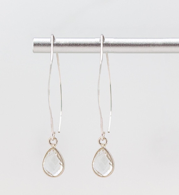 Pear Shaped Clear Crystal Quartz Drop Earrings: Dainty Minimalist Silver Fishhook Style, Boho Chic Everyday Jewelry