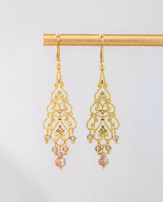Gold Filigree Dangle Earrings: Beaded Chandelier Style Chic Boho Luxe Jewelry