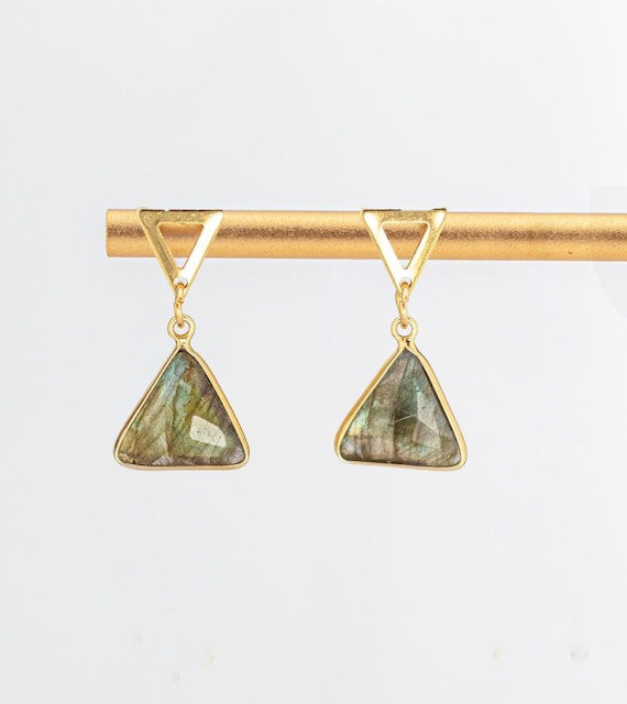 Boho Chic Labradorite Earrings: Triangle Gemstone with Geometric Gold Accents, Everyday Labradorite Jewelry