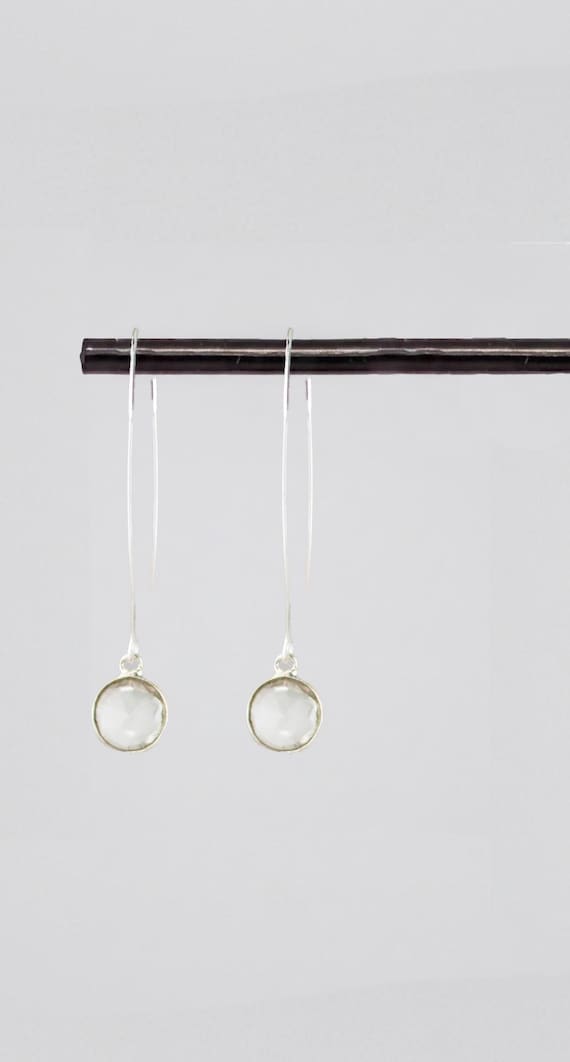 Round Shaped Clear Quartz Crystal Drop Earrings: Dainty Minimalist Silver Fishhook Style, Boho Chic Everyday Jewelry
