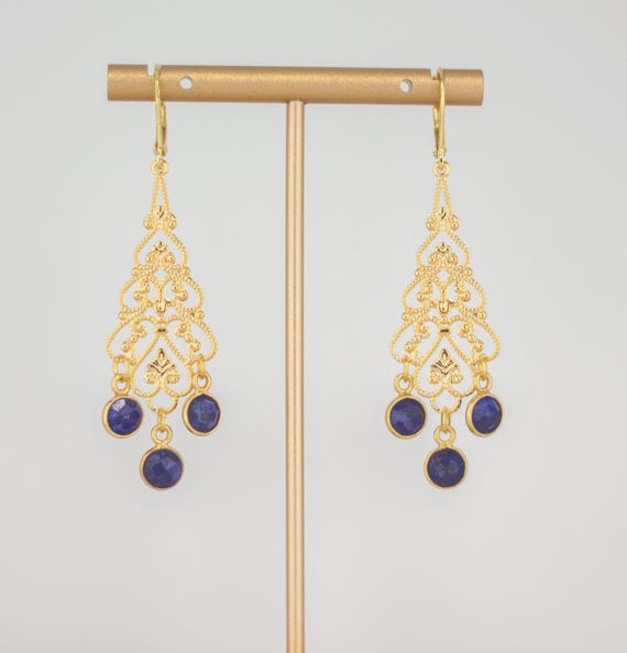Gold Filigree Earrings: Boho Luxe Beaded Chandelier Style Cobalt Blue Statement Jewelry
