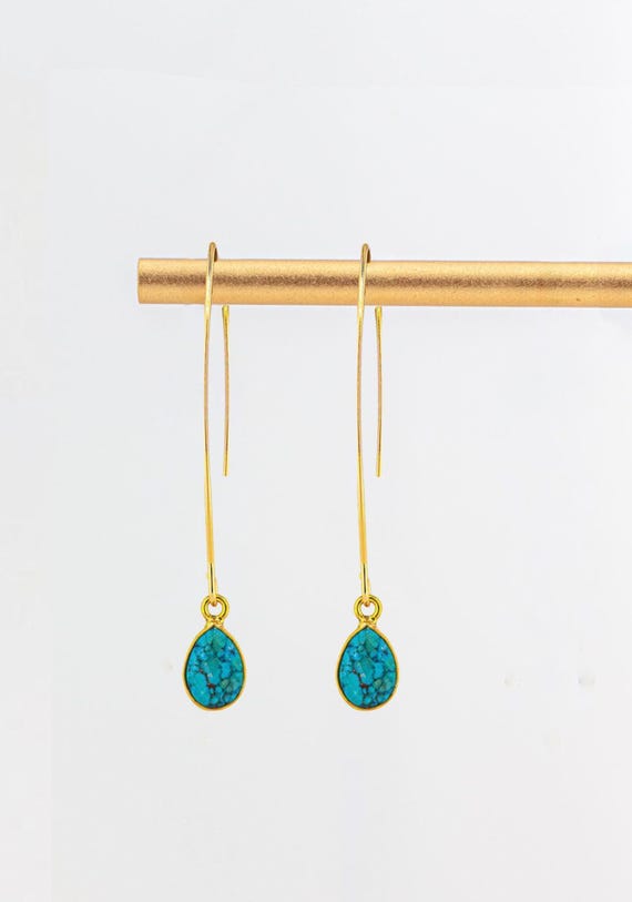 Turquoise Howlite Earrings: Minimalist Fishhook Style Gold Drops, Dainty Teal Blue Gemstone Earrings