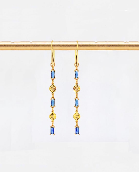 Cobalt Blue Glass Dangle Earrings: Long Dangling Gold Jewelry Vintage Style