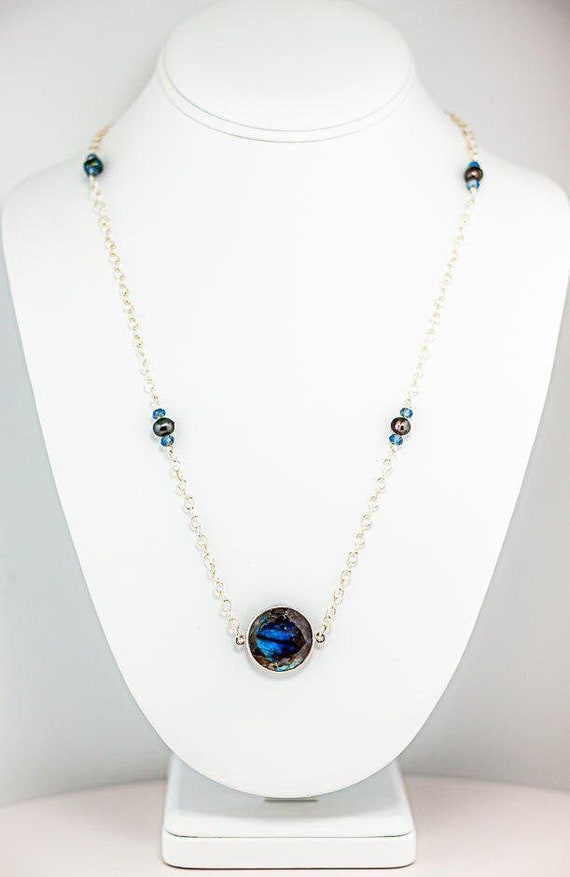 Blue Labradorite & Black Pearl Necklace: Sterling Silver, Blue Glass Beads
