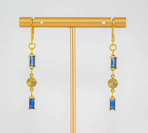 Cobalt Blue Crystal Drop Earrings: Dainty Vintage Style, Everyday Gold Jewelry