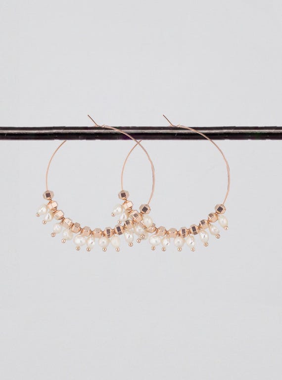 Petit-Pearls & Rose Gold-Filled Hoop Earrings, Boho Chic Statement Jewelry