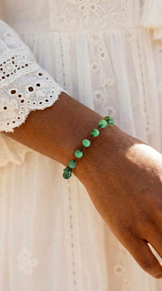 Chrysoprase Beaded Chain Bracelet: Bold Boho Chic Green Gemstone Statement Jewlery