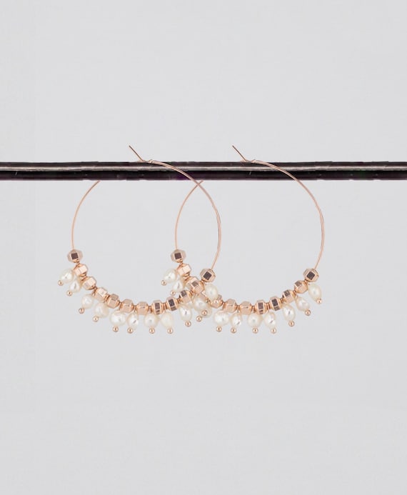 Petit-Pearls & Rose Gold-Filled Hoop Earrings, Boho Chic Statement Jewelry