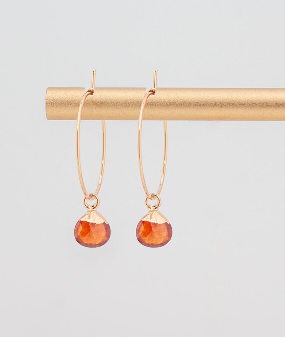 Dainty Garnet Earrings: Boho Chic Small Stainless Steel Gold Hoops, Elegant Red Gemstone Jewelry, January Birthstone