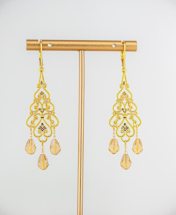 Gold Filigree Dangle Earrings: Chandelier Style Yellow and Gold Statement Jewelry