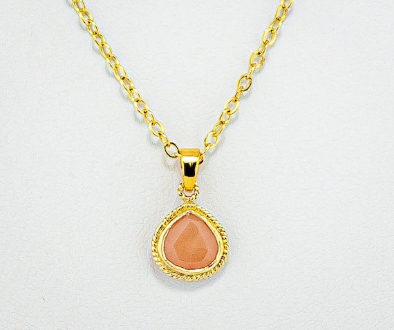 Peach Moonstone Necklace: Gold-Plated Sterling Silver Bezel, 18 inch Chain