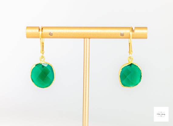 Emerald Green Onyx Drop Earrings: Dainty Boho Chic Gold Jewelry for Everyday
