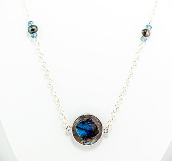 Blue Labradorite & Black Pearl Necklace: Sterling Silver, Blue Glass Beads