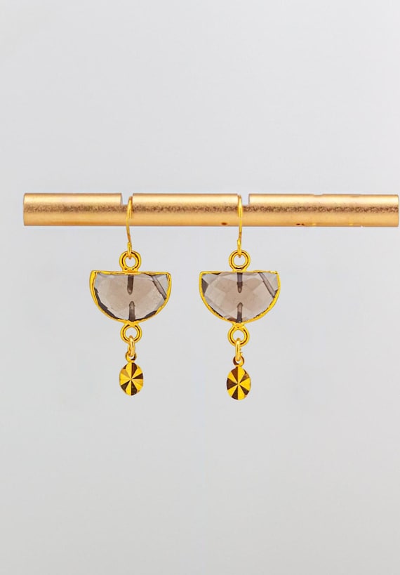Smokey Quartz Gold Drop Earrings: Dainty Brown Gemstone Jewelry