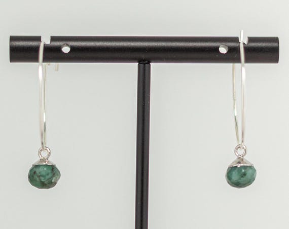 Dainty Natural Emerald Earrings – Small Silver Hoop Earrings with Green Gemstone Drops