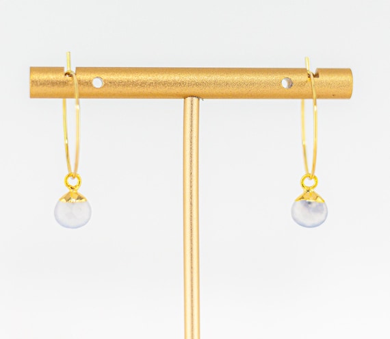 Dainty Pale Blue Chalcedony Earrings: Little Gold Hoops, Stainless Steel Gemstones Jewelry
