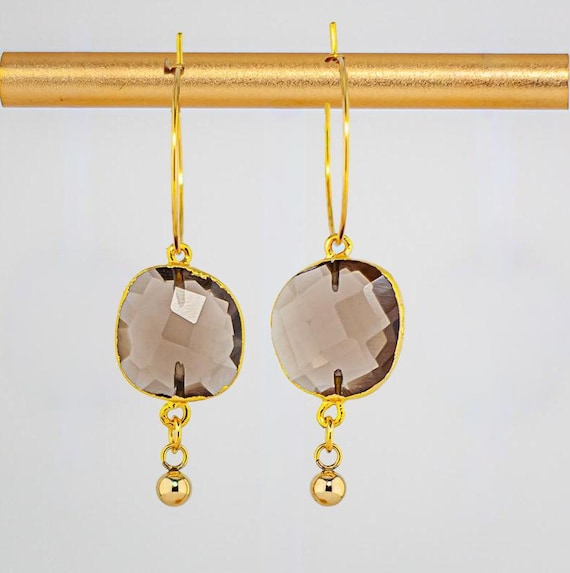 Smokey Quartz Hoop Earrings: Elegant Dangling Gold Statement Jewelry