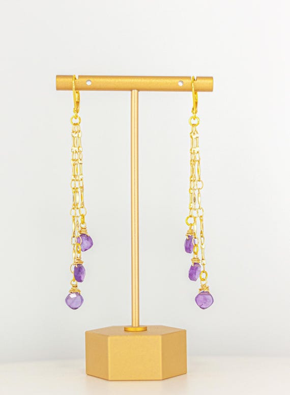 Long Dangling Amethyst Earrings: Boho Chic  Chandelier Style Gold Chain Gemstone Drops