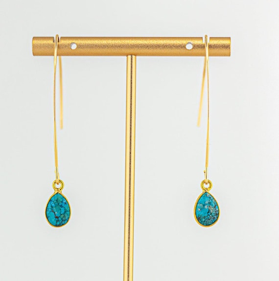 Turquoise Howlite Earrings: Minimalist Fishhook Style Gold Drops, Dainty Teal Blue Gemstone Earrings