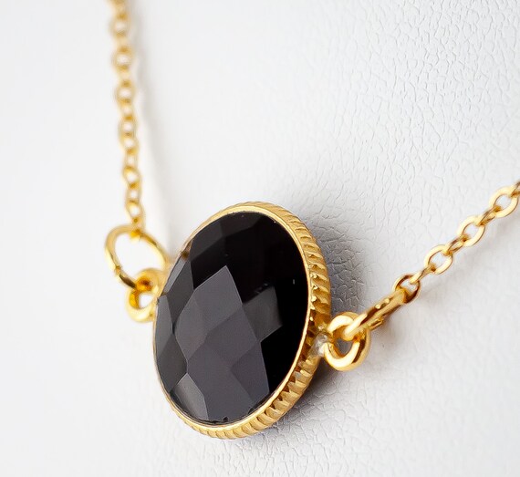 Black Chalcedony Statement Necklace on Gold Chain: Boho Luxe Gemstone Statement Jewelry