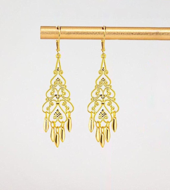 Gold Filigree Earrings: Boho Chic Chandelier Style Gold Dangles, Elegant Jewelry for Everyday Wear
