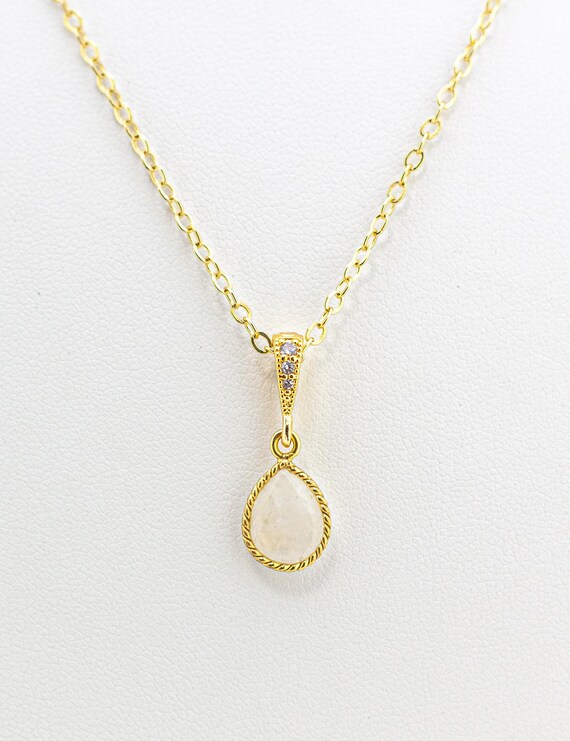 White & Yellow Gold Rainbow Moonstone Charm Necklace With CZ Accent: Timeless Wedding Necklace Boho Style Bride, Rustic Meadow Wedding