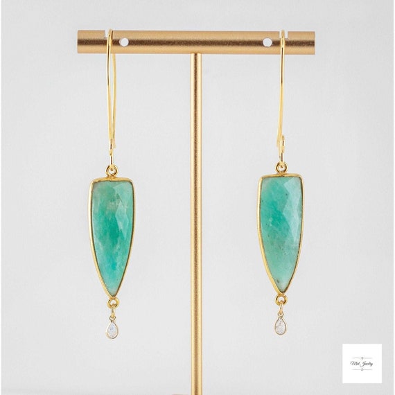 Green and Gold Amazonite Drop Earrings: Long Dangling Boho Luxe Statement Jewelry
