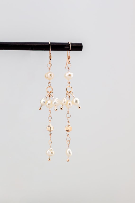 Dainty Rose Gold Pearl Bridal Earrings, Boho Wedding Jewelry, Petit Pearl Bohemian & Vintage Style Bride or Bridesmaid