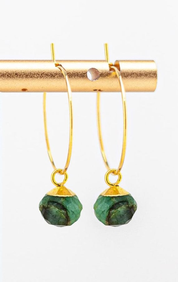 Dainty Gold Hoop Earrings: Boho Chic Style Green Emerald Jewelry