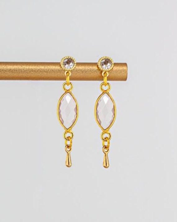 Dainty Pale Pink Rose Quartz Earrings: Gold Vintage Style Wedding Jewelry