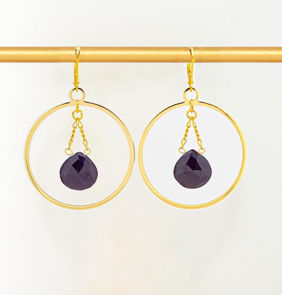 Large Gold Hoop Earrings: Purple Amethyst Gemstone Statement Jewelry, Boho Chic Dangles