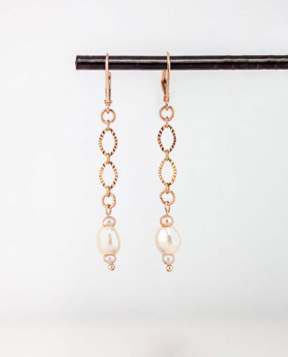 Dainty Pearl Dangle Earrings: Pink Rose Gold Jewelry with White and Lavender Gemstone Beads