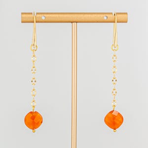 Boho Chic Carnelian Drop Earrings: Minimalist Gold Fishhook Style, Dainty Orange Gemstone Jewelry