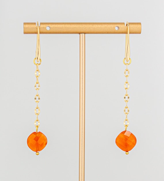 Boho Chic Carnelian Drop Earrings: Minimalist Gold Fishhook Style, Dainty Orange Gemstone Jewelry
