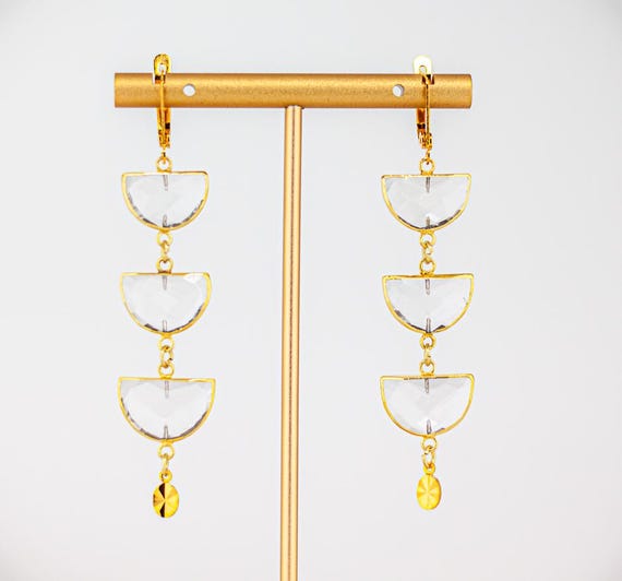 Clear Crystal Statement Earrings: Long Gold Dangling Quartz Drops, Bold Elegant Gemstone Jewelry