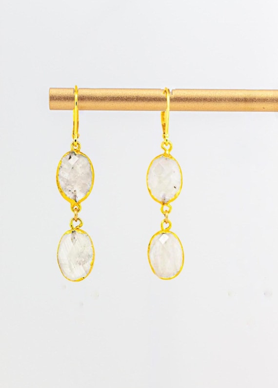 Rainbow Moonstone Drop Earrings: Boho Chic Gold Dangle Earrings with White Gemstones