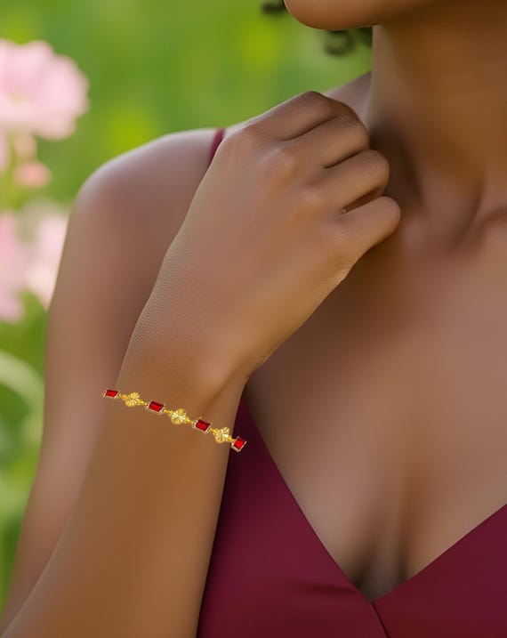 Sparkly Red Glass Bracelet: Dainty Vintage Style, Everyday Gold Jewelry