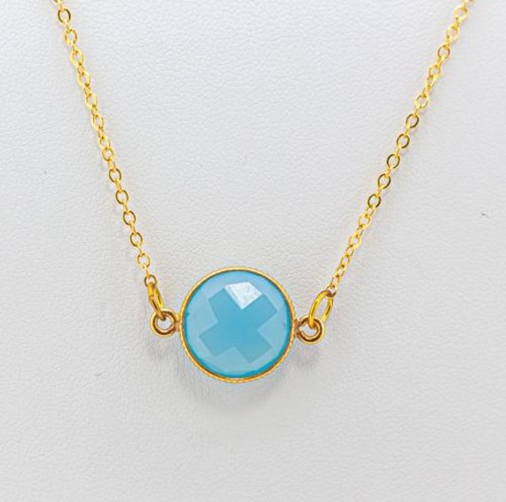 Santorini Blue Chalcedony Necklace: Dainty Gold Chain Necklace With Bright Aqua Gemstone