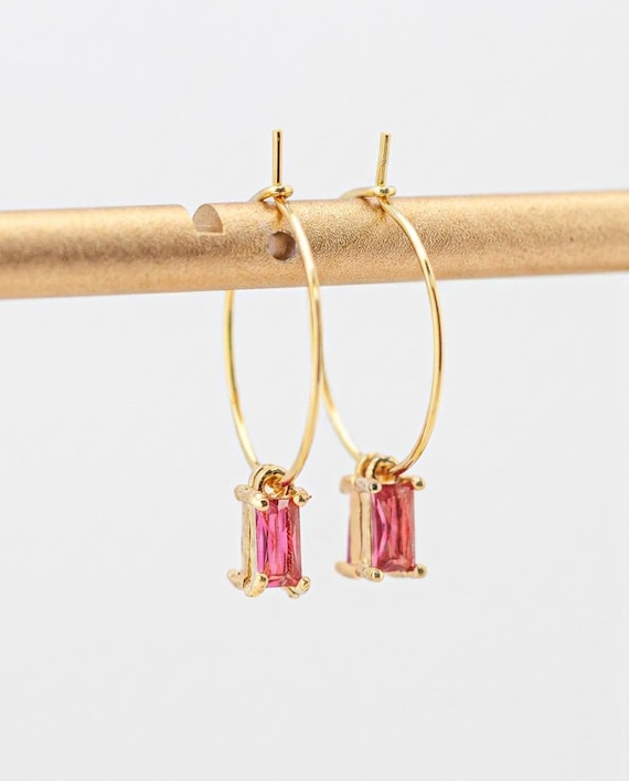 Dainty Pink and Gold Hoop Earrings: Girly Style Minimalist Stainless Steel Jewelry