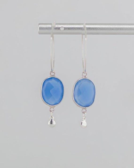 Aqua Blue Gemstone Earrings: Unique Dangling Sterling Silver Hoop Earrings