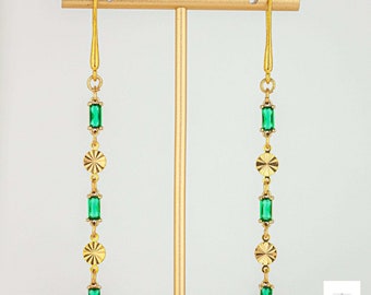 Gorgeous Green Glass Dangle Earrings - Chic Green & Gold Drop Earrings with rectangle shaped links, Long Elegant Green Glass Earrings