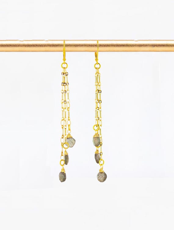 Labradorite Drop Earrings: Dangling Gold Chandelier Style, Grey & Brown Gemstone Jewelry for Everyday Wear