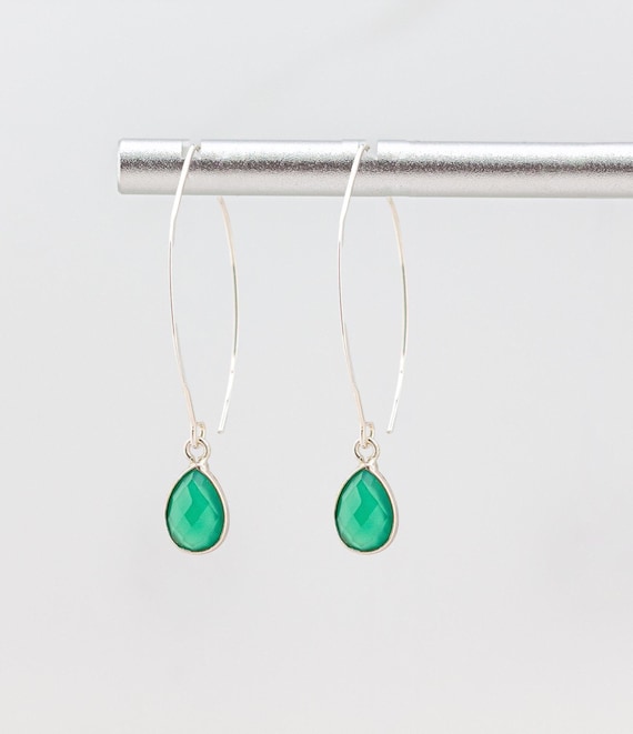 Green Onyx Earrings: Dainty Silver Fishook Style, Long Minimalist Gemstone Earrings