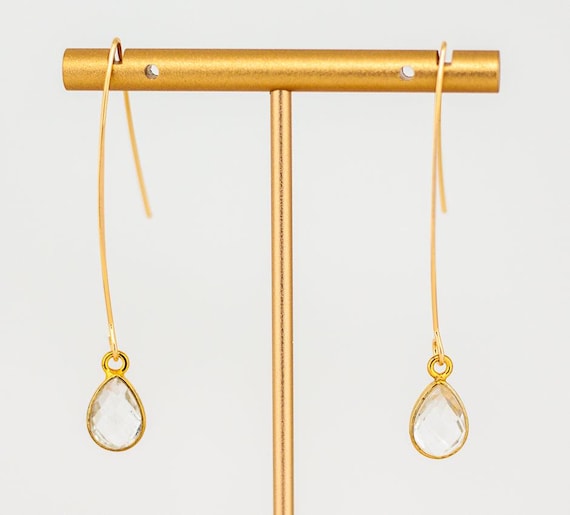 Clear Quartz Drop Earrings: Minimalist Gold Fishhook Style, Dainty Everyday Gemstone Jewelry