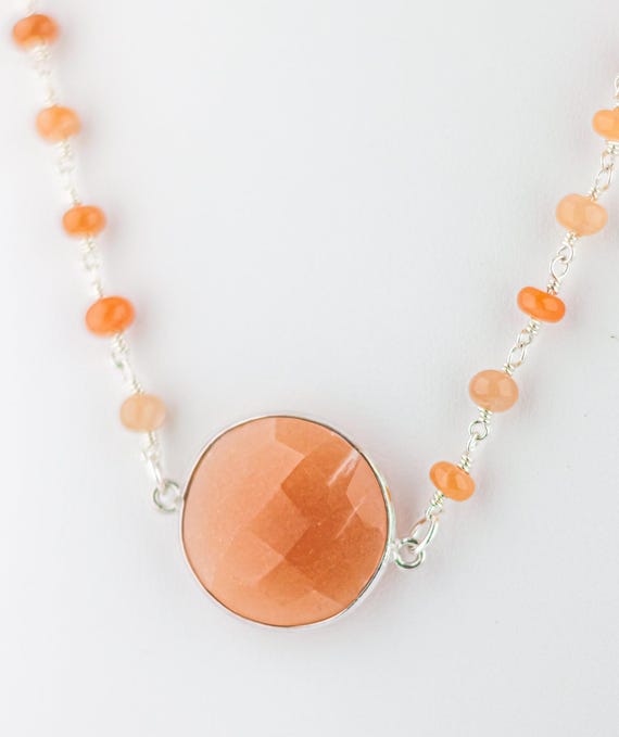 Peach Moonstone Pendant Necklace: Pink Gemstone Statement Jewelry on Beaded Silver Chain - Choker Style
