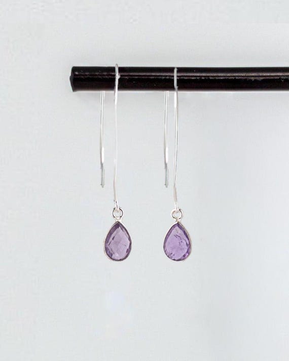 Silver Amethyst Earrings: Minimalist Fishhook Style Silver Drops, Long Dainty Light Purple Dangles